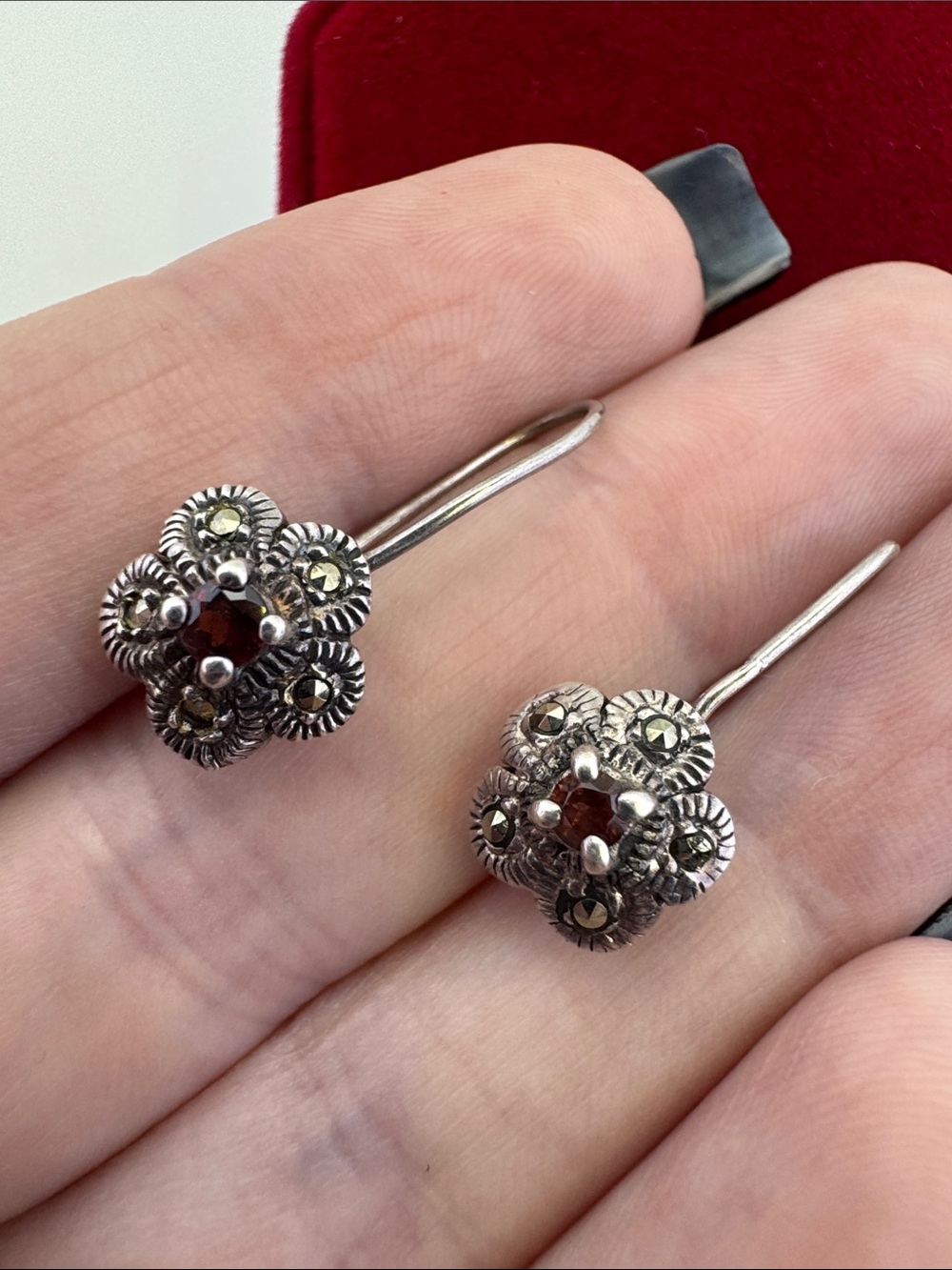 💛 Vintage Sterling Silver Floral Garnet & Marcasite Drop Earrings | Handmade